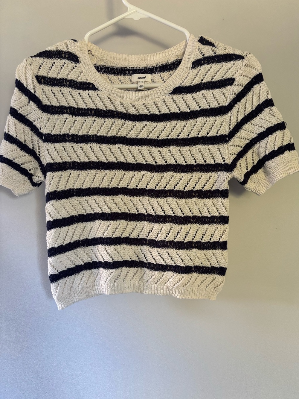 Aerie White and Navy Open-Knit Short-Sleeve Stripe Sweater